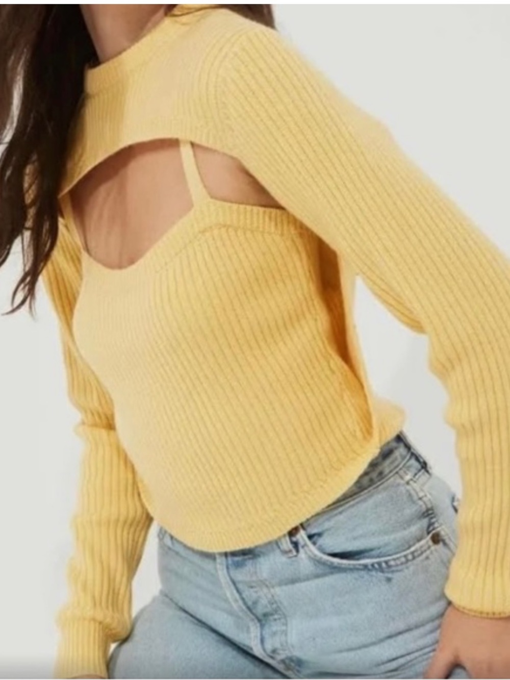 Astr Cutout Off-Shoulder Ribbed Sweater in Pale Yellow